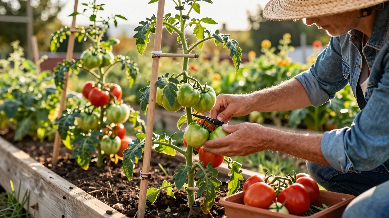 Persoană cu pălărie culege roșii verzi din grădina de legume într-un răsad crescut pe răsadniță.