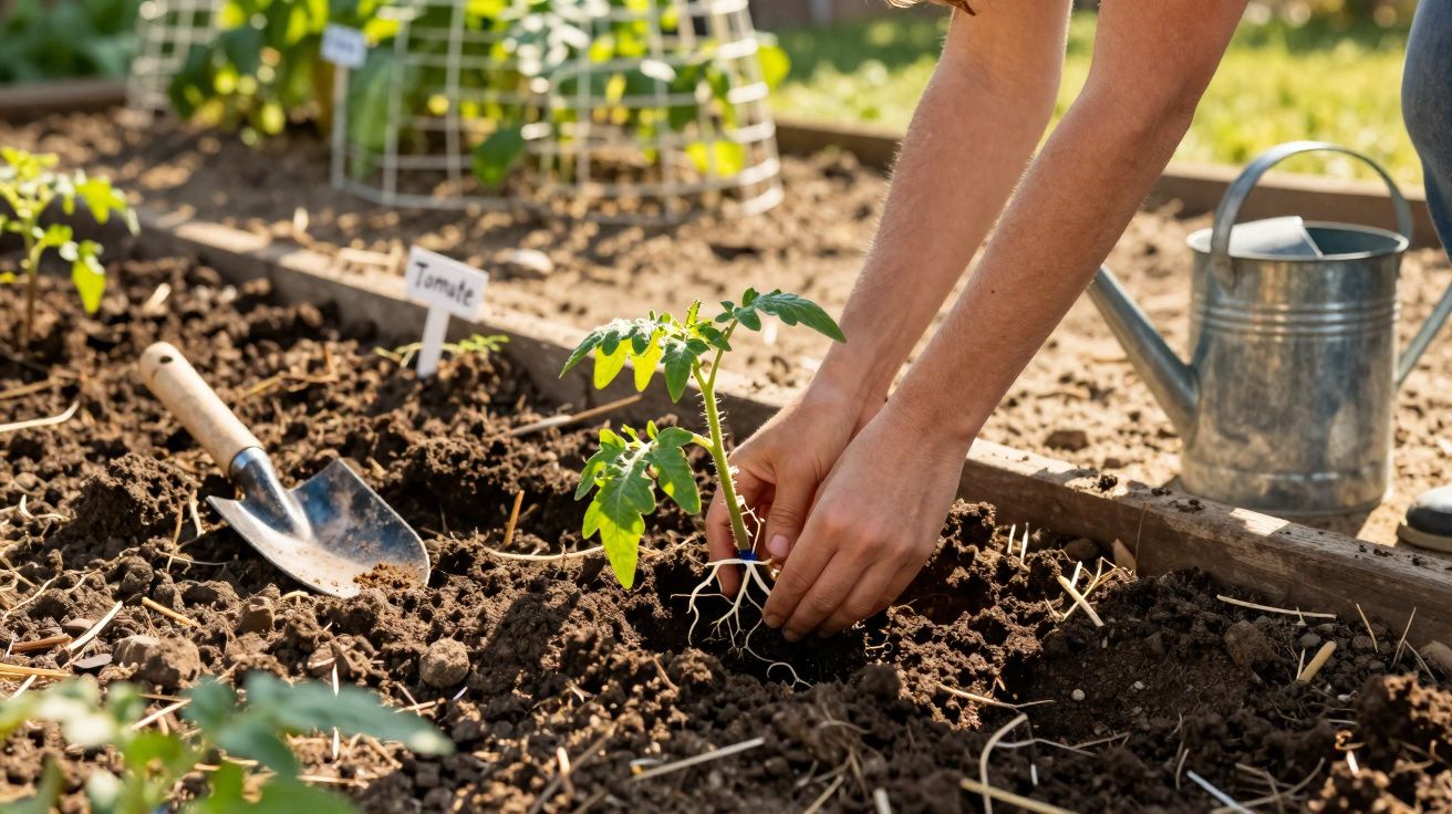 Persoană plantează o răsad de roșii într-un solar, cu lopată și o udătoare în apropiere.