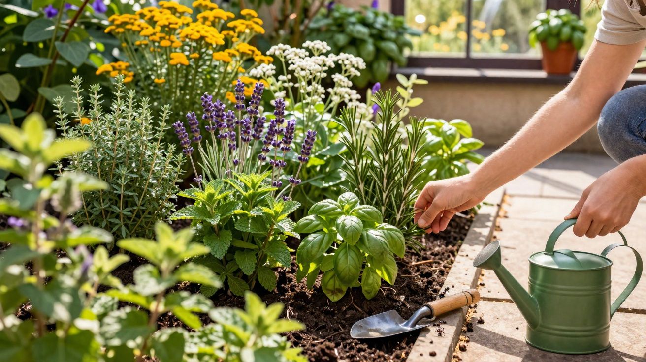 Persoană udând plante aromatice și flori în grădina solară pe timpul zilei.