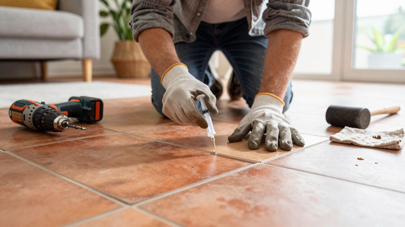 Persoană aplicând chit între plăcile de gresie pe podea, purtând mănuși de protecție și având unealtă electrică lângă.