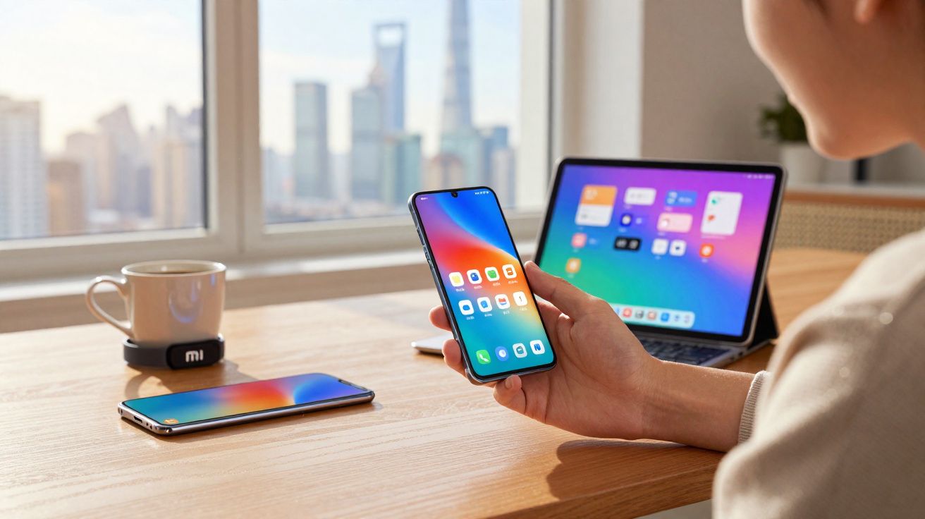 Persoană folosind telefon mobil lângă tabletă deschisă și cană pe birou cu orașul în fundal prin fereastră.