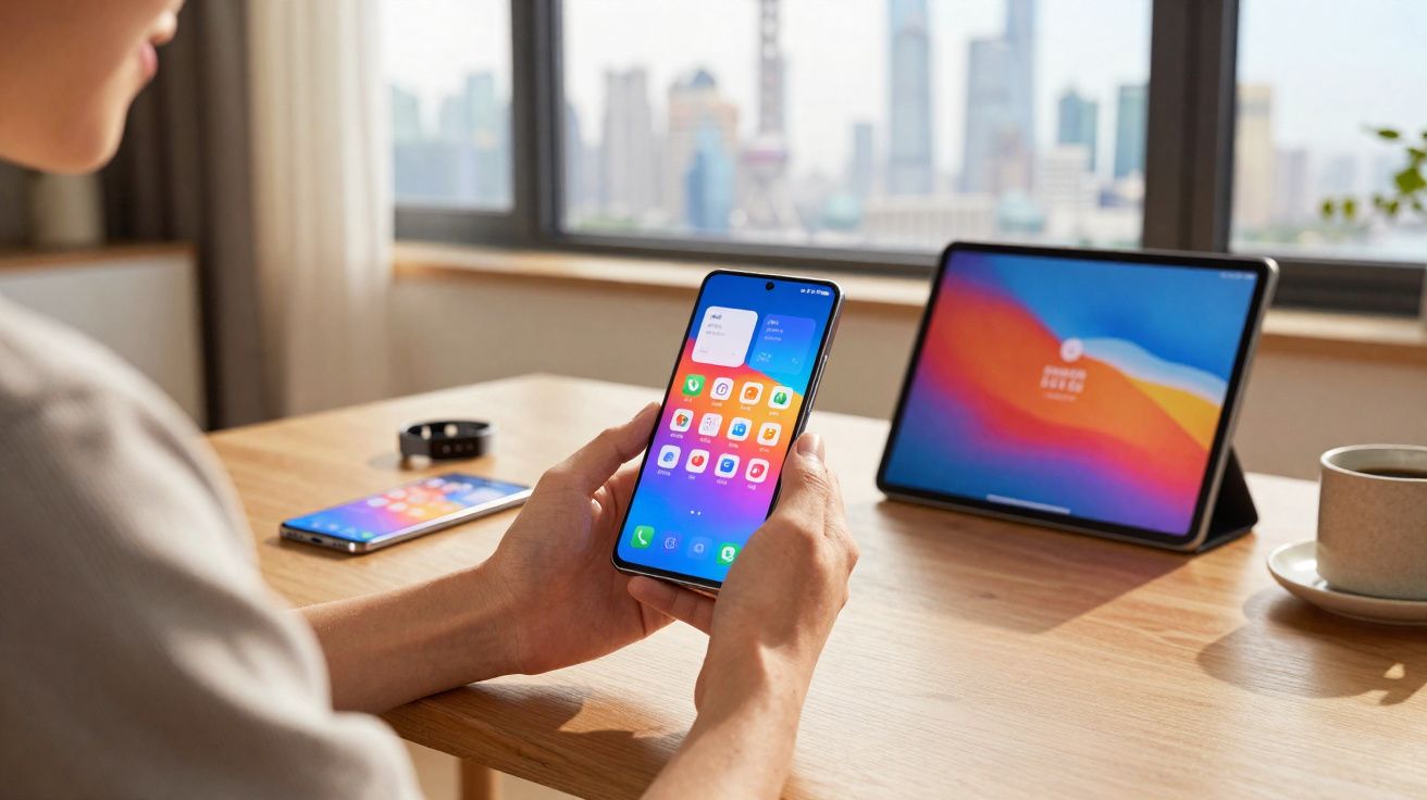 Persoană care ține un telefon mobil cu ecran colorat, lângă masă cu tabletă și ceașcă de cafea.