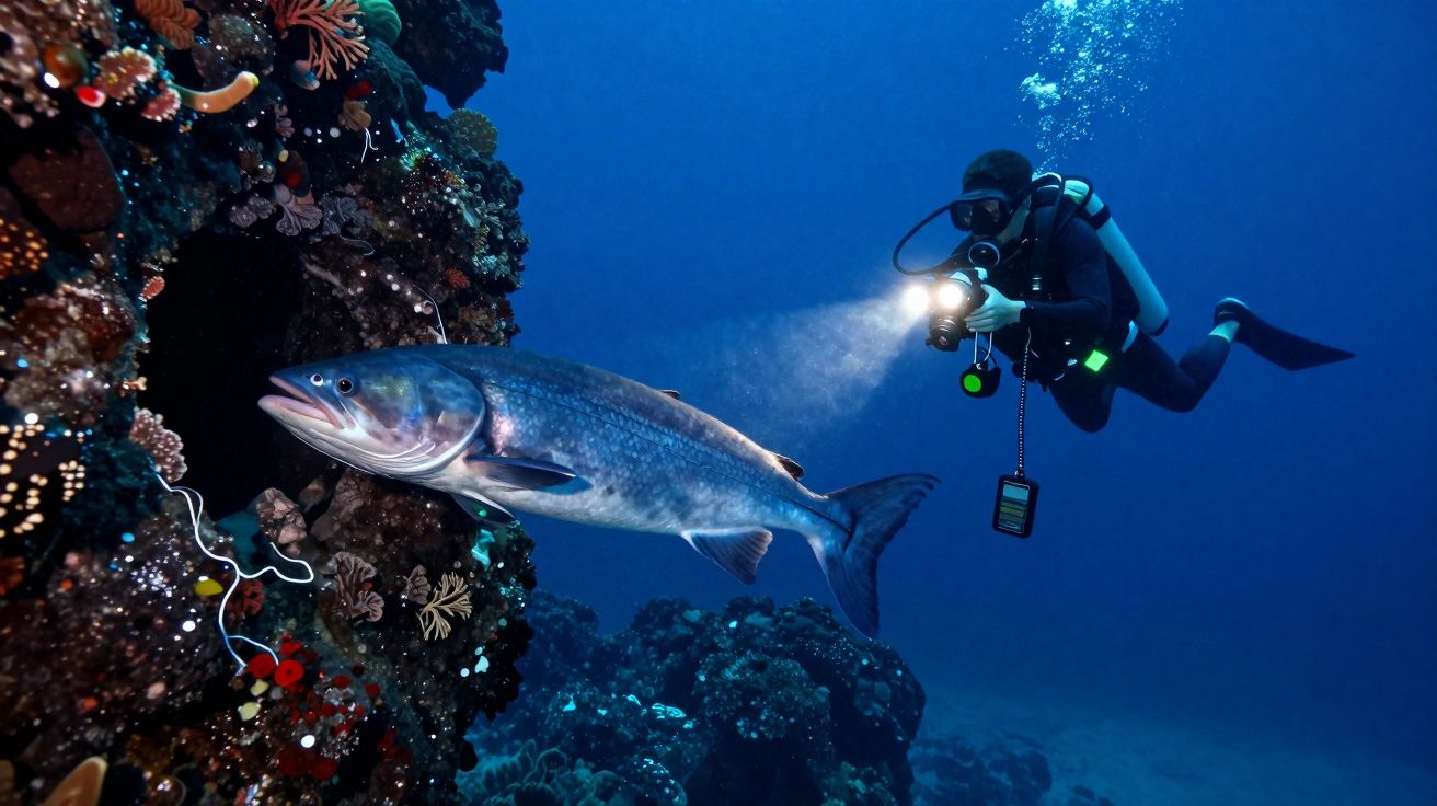 Scafandru fotografiind un pește mare în apropierea unei recifi de corali subacvatic.