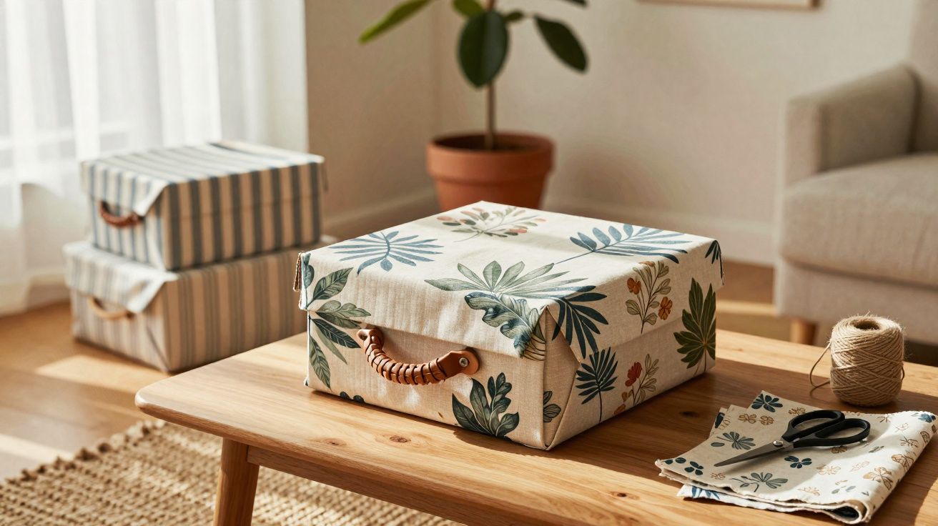 Cutii de depozitare cu modele florale pe o masă de lemn într-un living luminos, cu plante și accesorii de cusut.