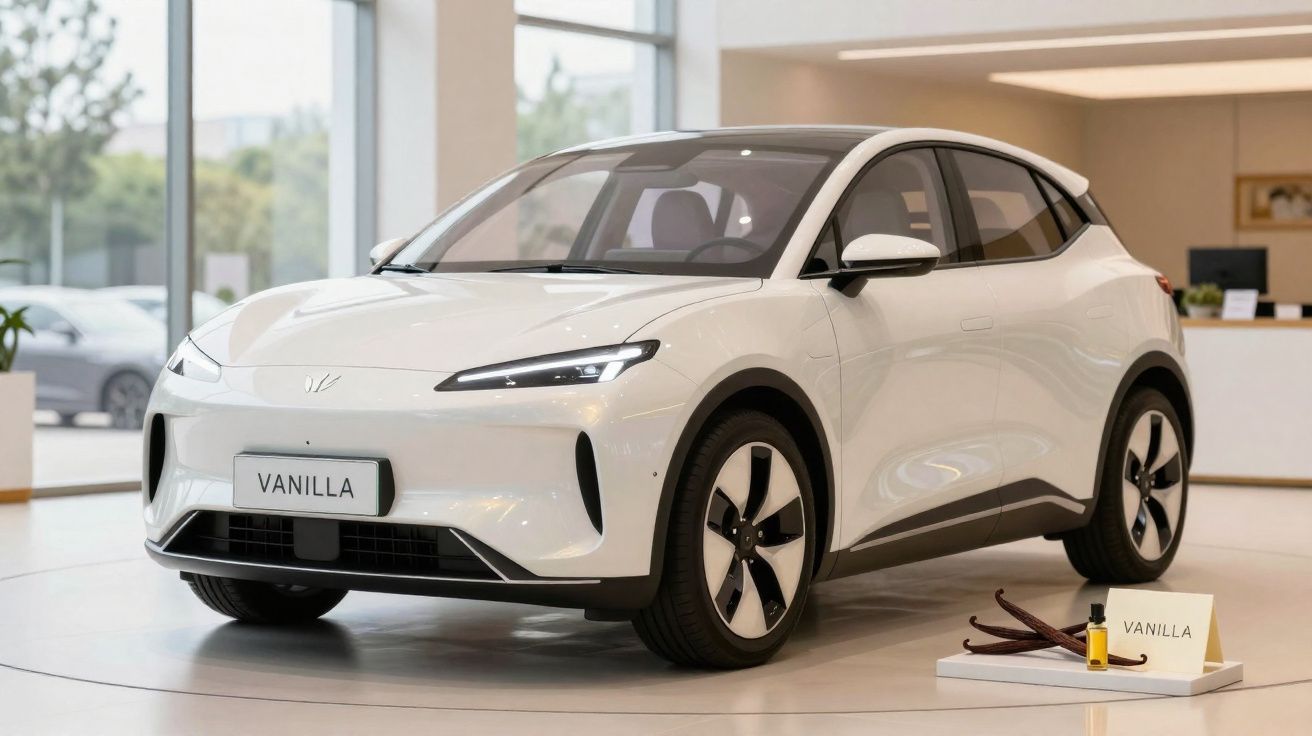 Mașină electrică albă Vanilla expusă în showroom modern, lângă tije de vanilie și sticluță mică.