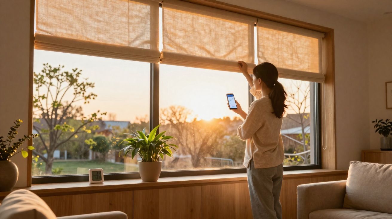 Femeie ridicând jaluzelele ferestrei pentru a privi răsăritul, ținând un telefon mobil în mână.