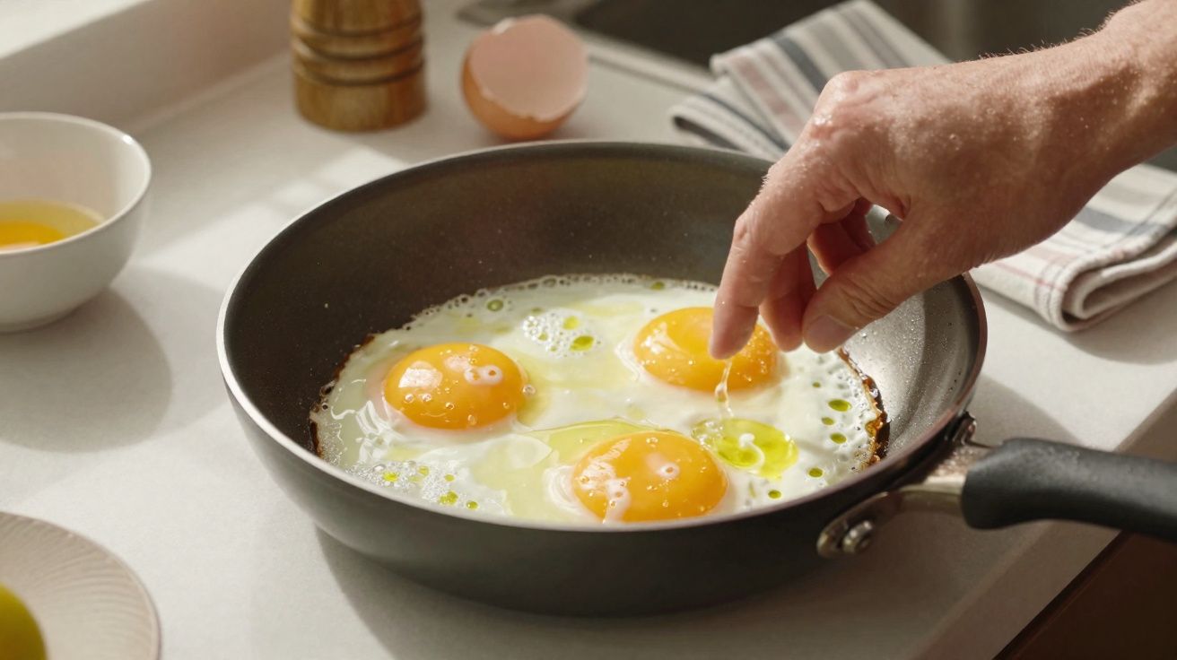 Mână presărând sare peste ouă prăjite în tigaie pe blat de bucătărie, alături de coajă de ou și condimente.