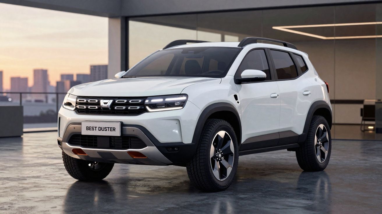 SUV Dacia Best Duster alb parcat într-un garaj modern, cu oraș în fundal la apus.
