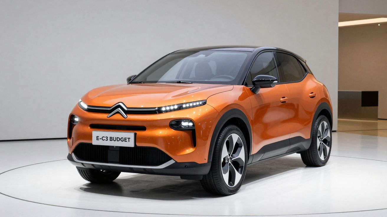Mașină compactă electrică Citroën E-C3 Budget portocalie expusă în showroom modern.