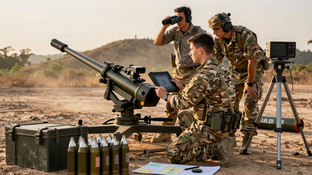 Trei soldați în uniforme camuflate operează un tun și echipamente militare în teren deschis, în timpul zilei.