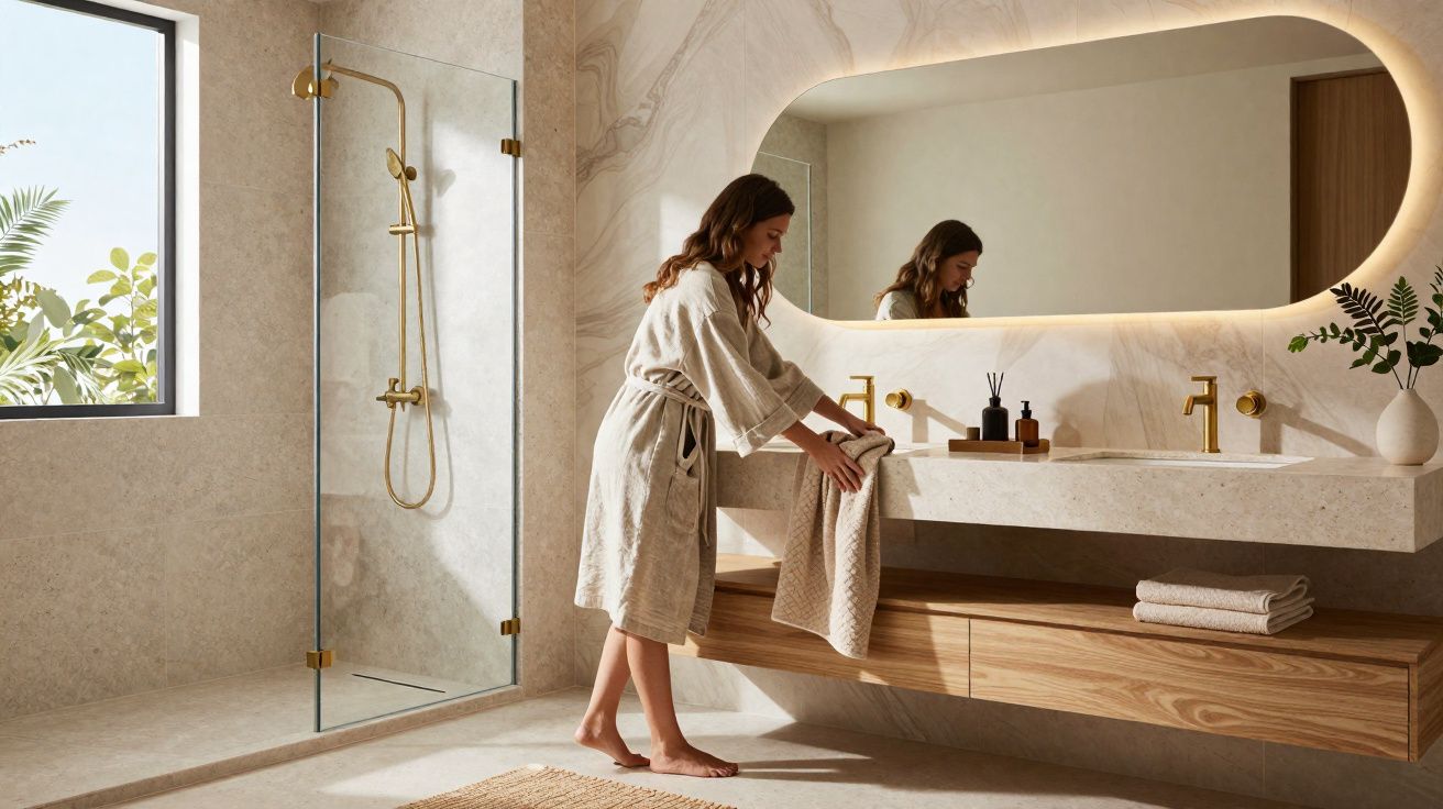 Femeie în halat alb așezând prosoape într-o baie modernă cu duş și oglindă mare iluminată.