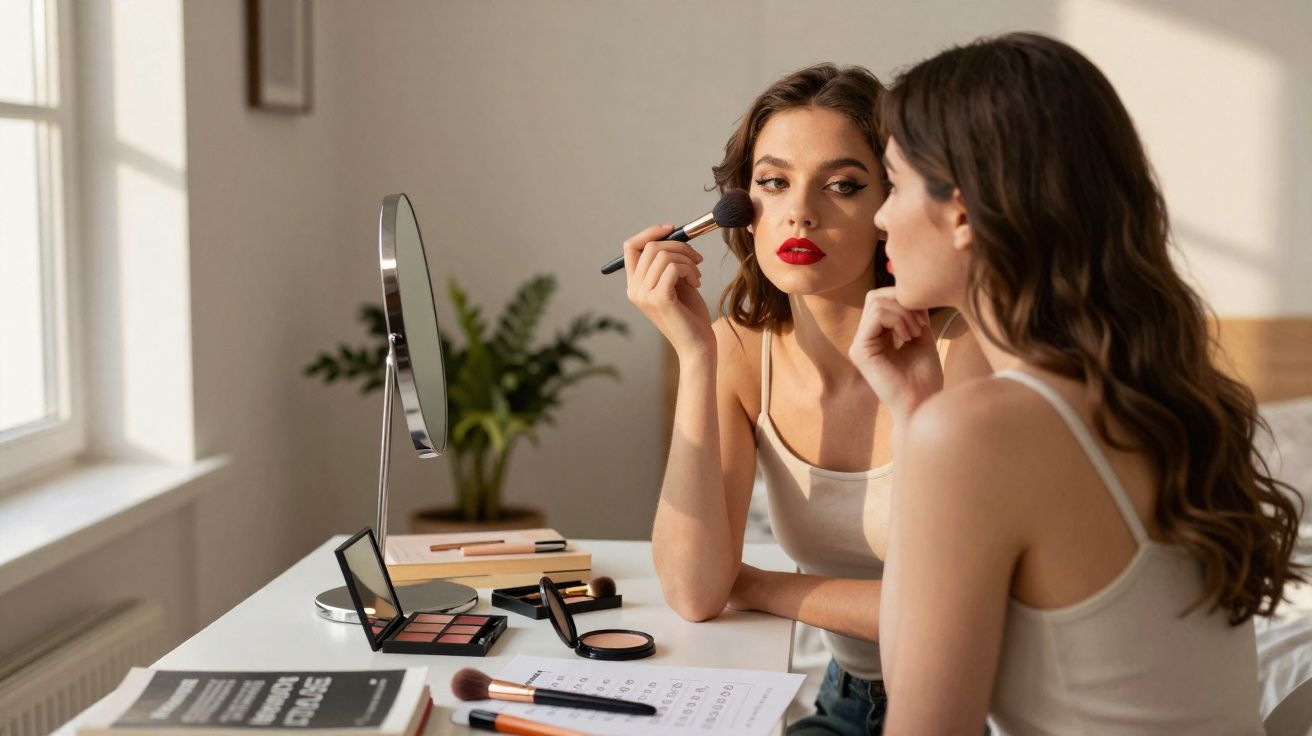 Femeie aplicând machiaj folosind o pensulă în fața unei oglinzi de masă, cu produse cosmetice pe birou.