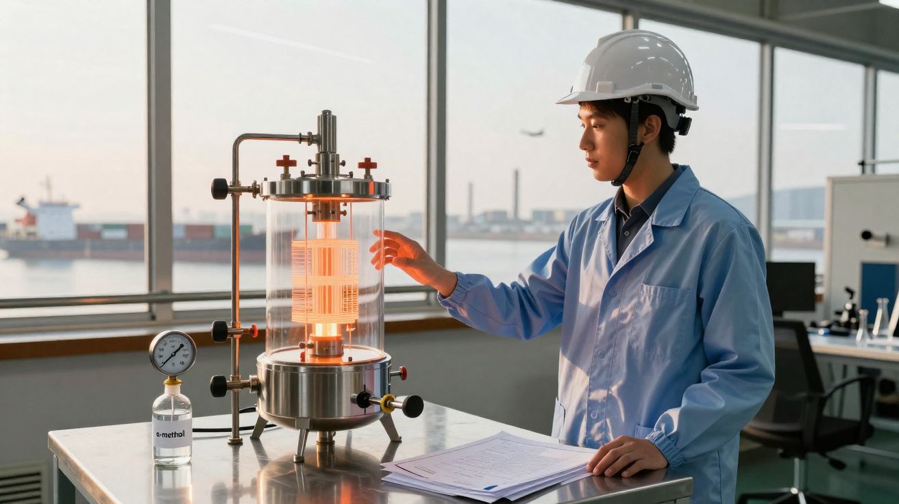 Om de știință cu cască albă și halat albastru lucrează la un echipament de laborator cu lumină portocalie într-un birou indus