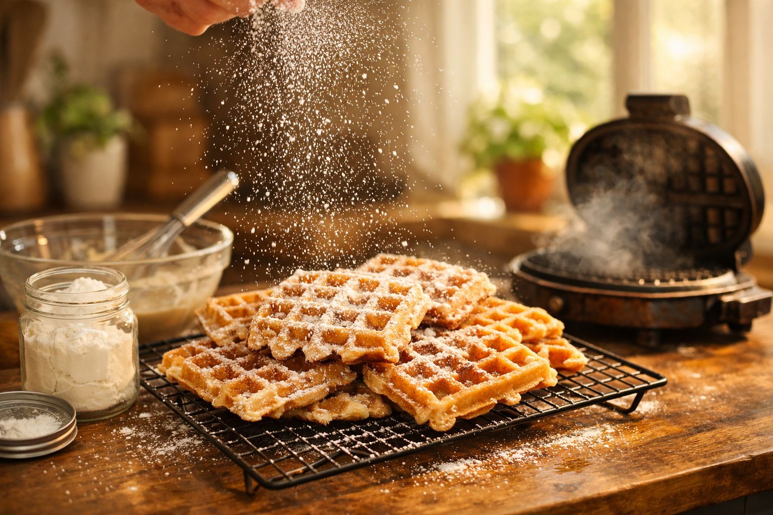 Clătite belgiene fierbinți cu zahăr pudră, pe un grătar, în bucătărie rustică cu aparatul de clătite în fundal.