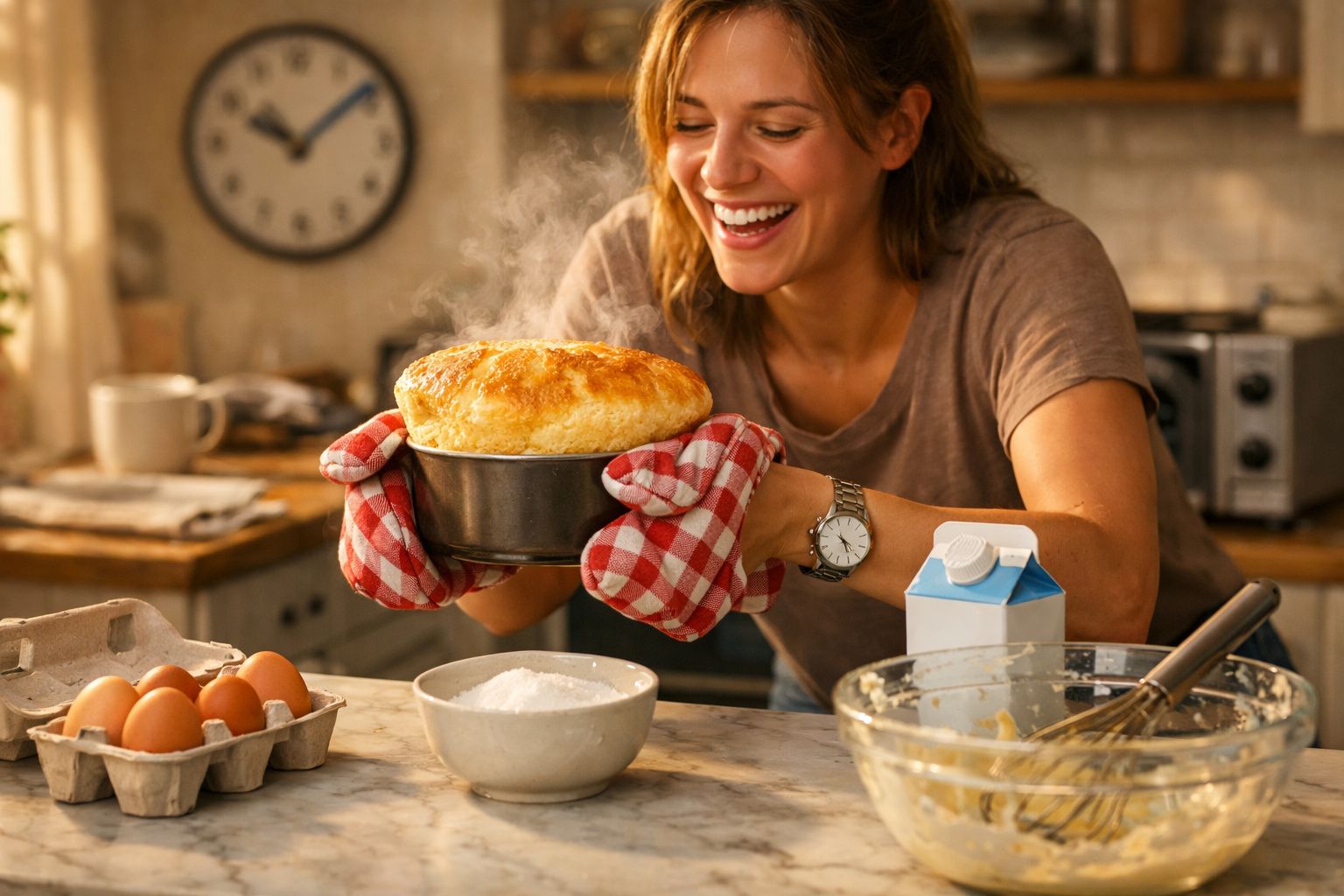Femeie zâmbitoare scoate pâine fierbinte din tavă la bucătărie, cu ingrediente pentru copt pe masă.