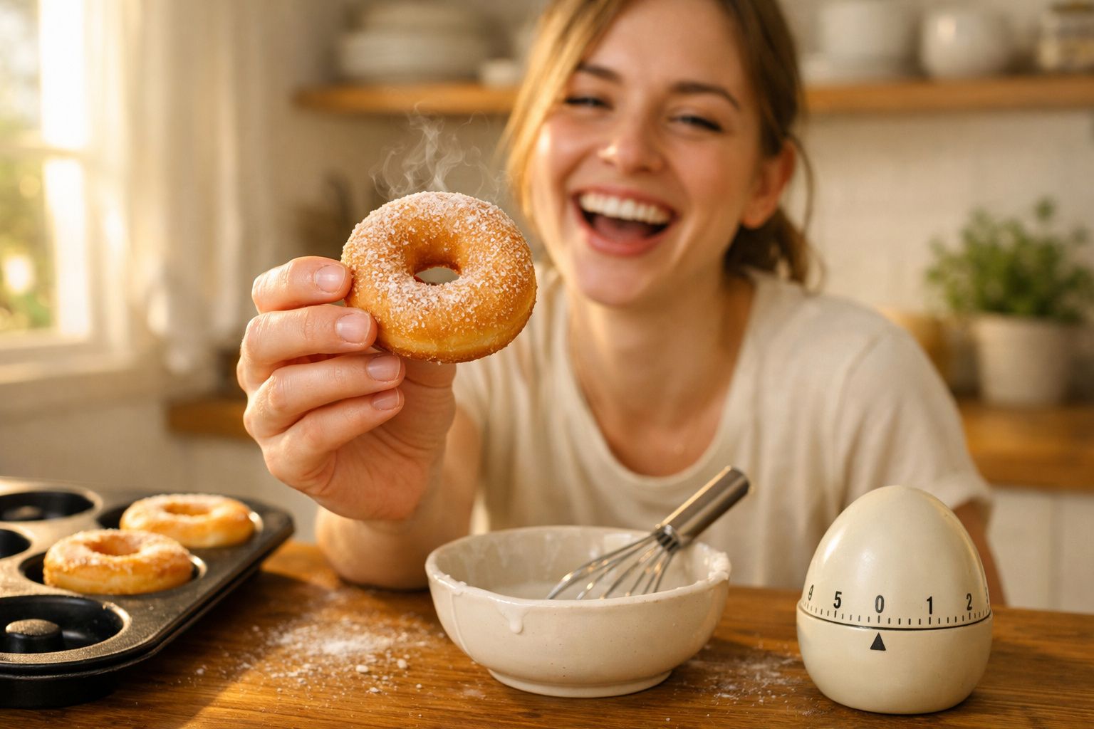 Femeie zâmbitoare ținând un gogoșar cald cu zahăr pudră în bucătărie luminoasă.
