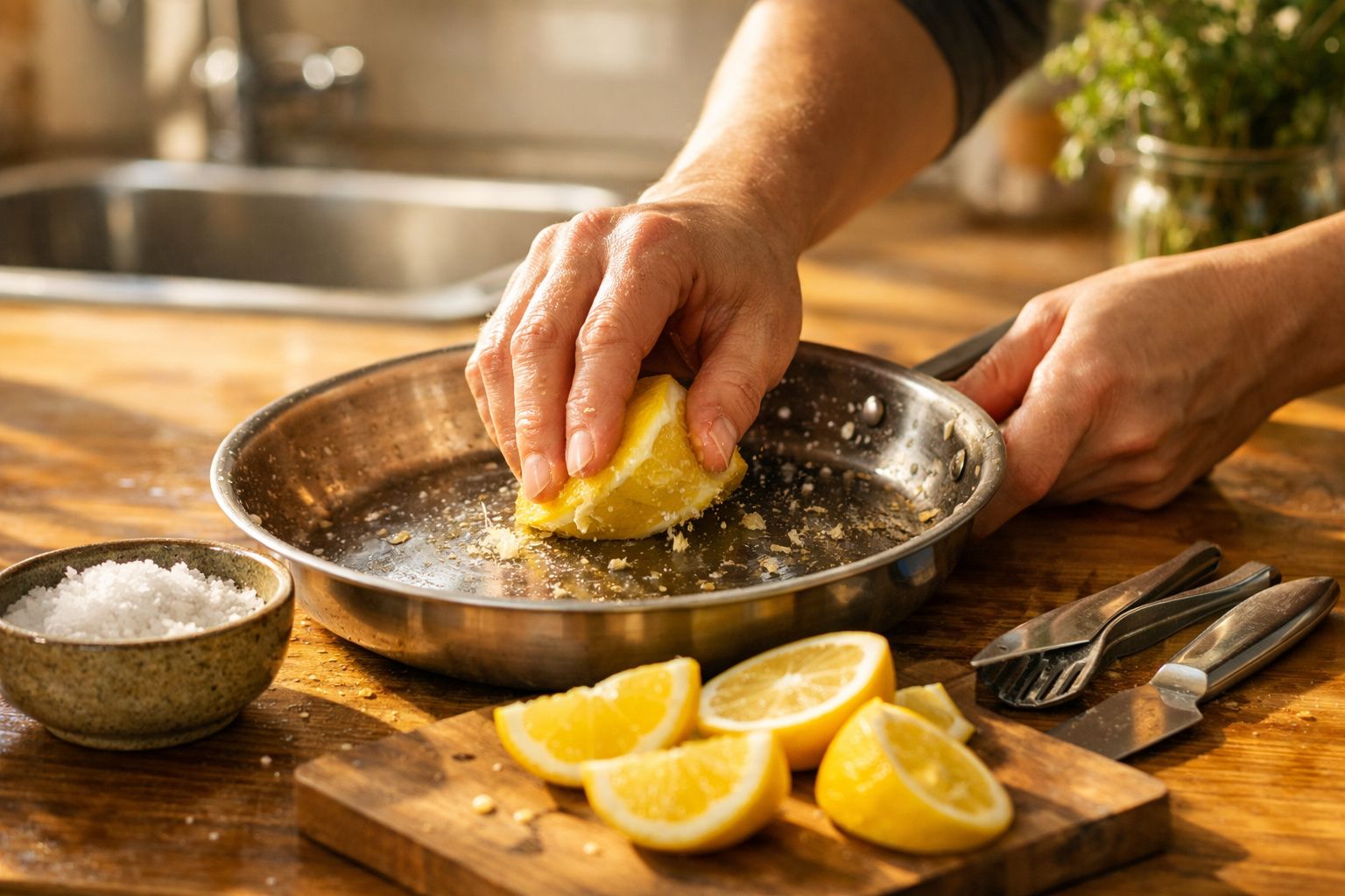 Mâini stoarcând o jumătate de lămâie deasupra unei tigăi pe o masă din lemn, cu felii de lămâie lângă.