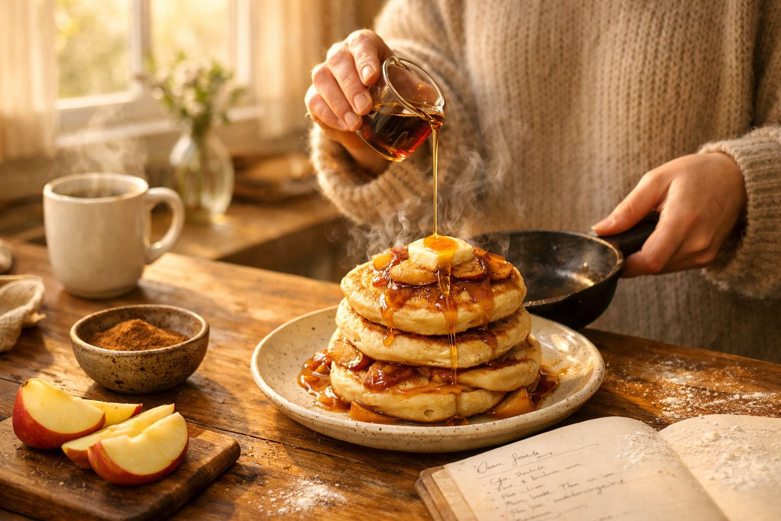 Persoană toarnă sirop pe un teanc de clătite aburinde cu unt, în decor rustic de bucătărie.