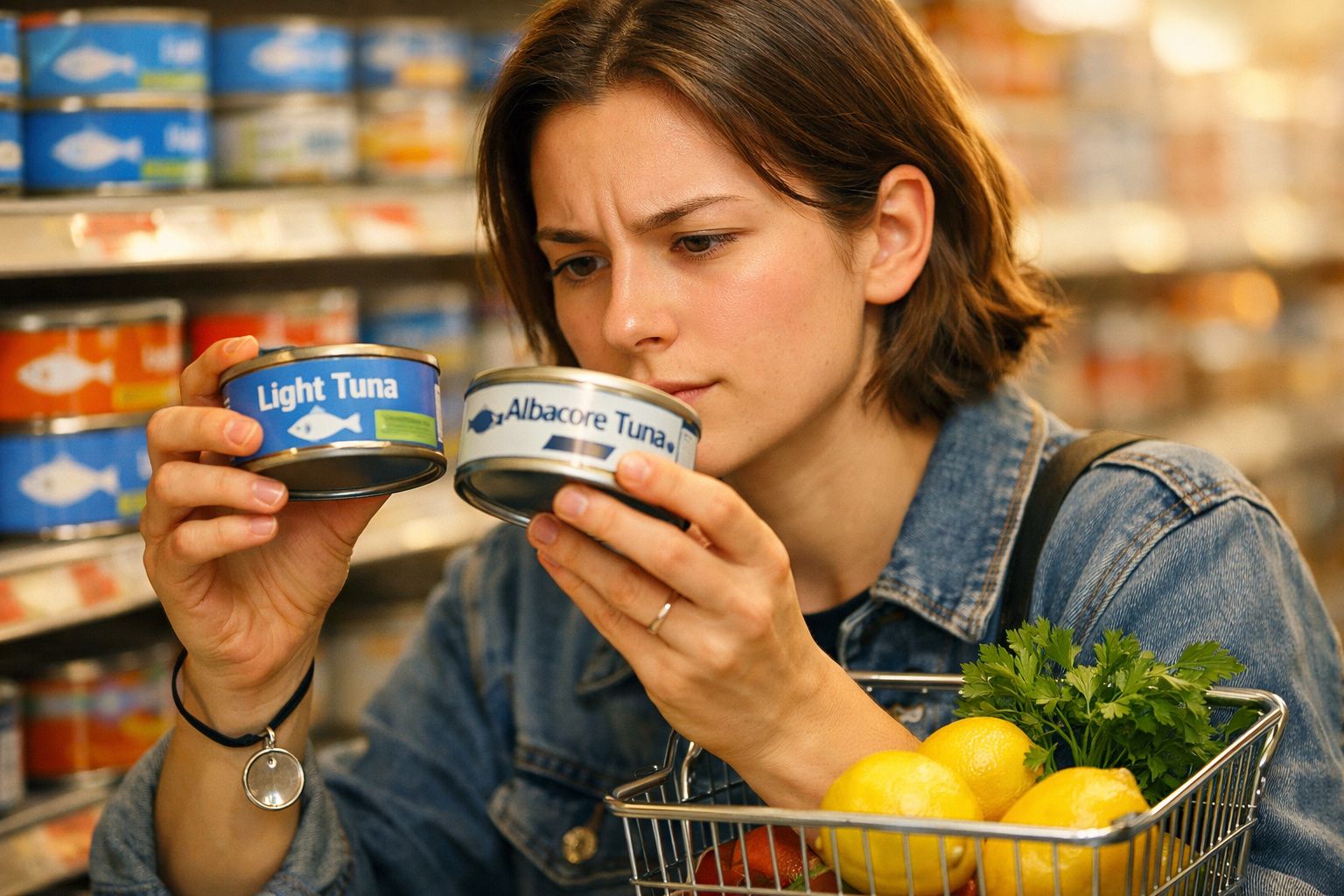Femeie comparând conserve de ton în supermarket, cu coș de cumpărături ce conține lămâi și verdeață.