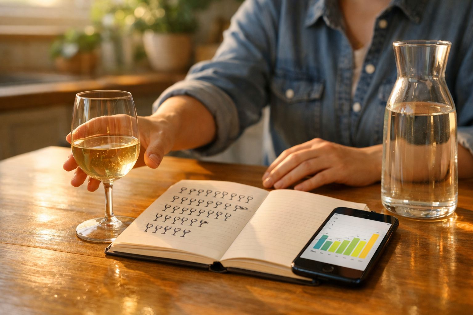 Persoană ținând un pahar cu vin alb, lângă un caiet cu schițe și un telefon cu grafic pe masă de lemn.