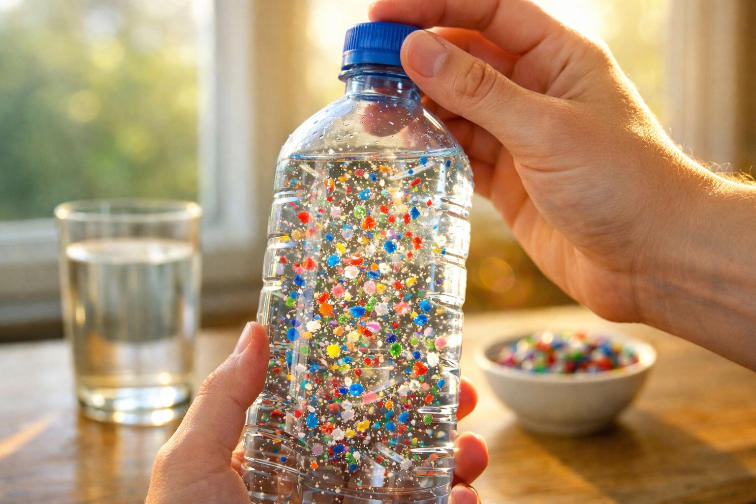 Sticlă din plastic transparent cu apă și mici bile colorate, ținută de două mâini în lumină naturală.