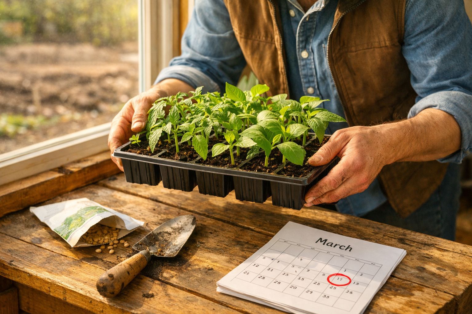 Persoană ținând o tavă cu răsaduri verzi lângă o unealtă de grădină și un calendar cu data 13 marcată.
