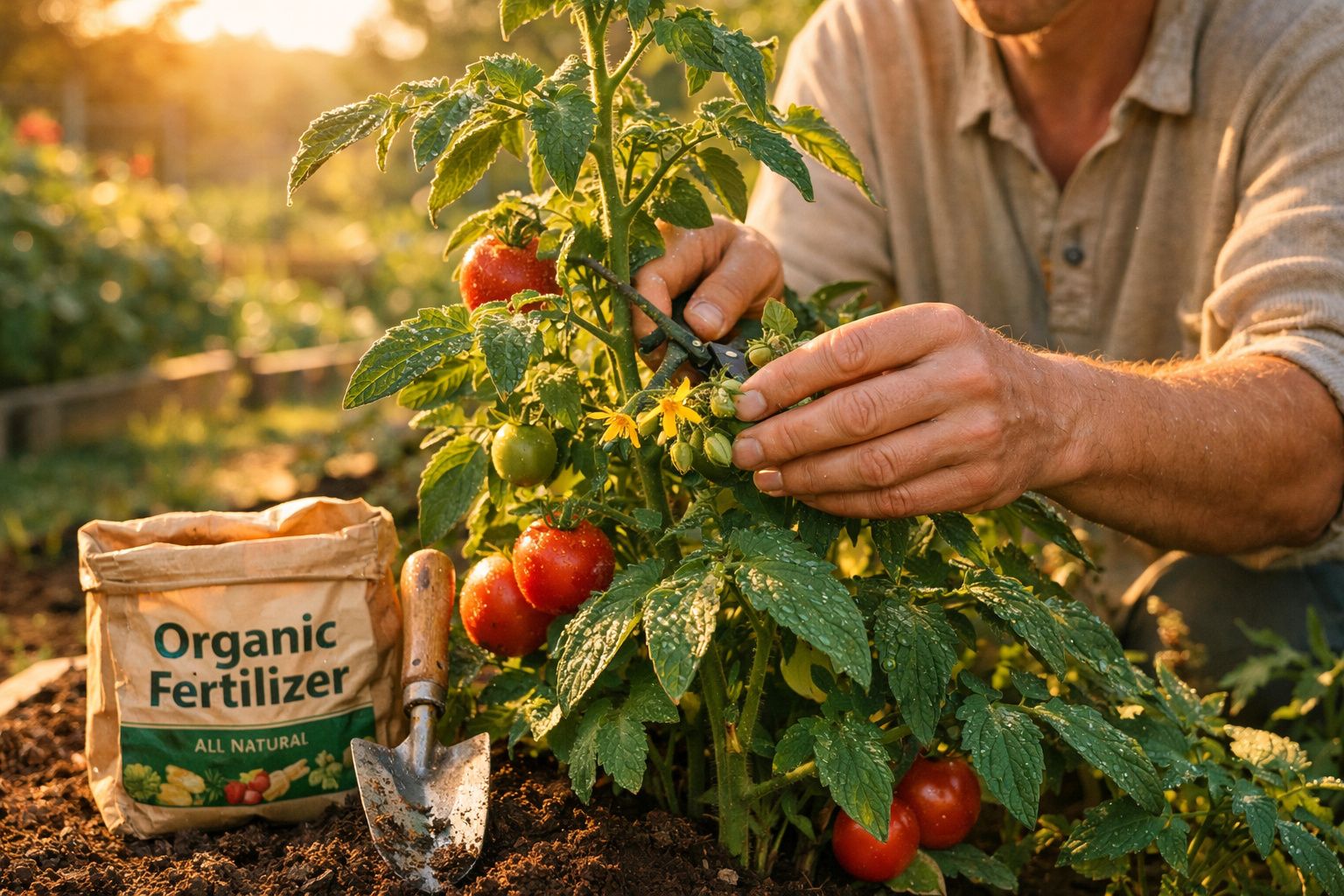 Mâini care tăie crenguța unei plante de roșii lângă pământ și un sac cu fertilizator organic.