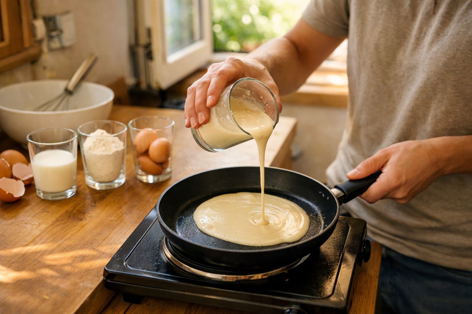 Persoană toarnă aluat pentru clătite în tigaie pe aragaz, pe fundal ingredientele: ouă, lapte și făină.
