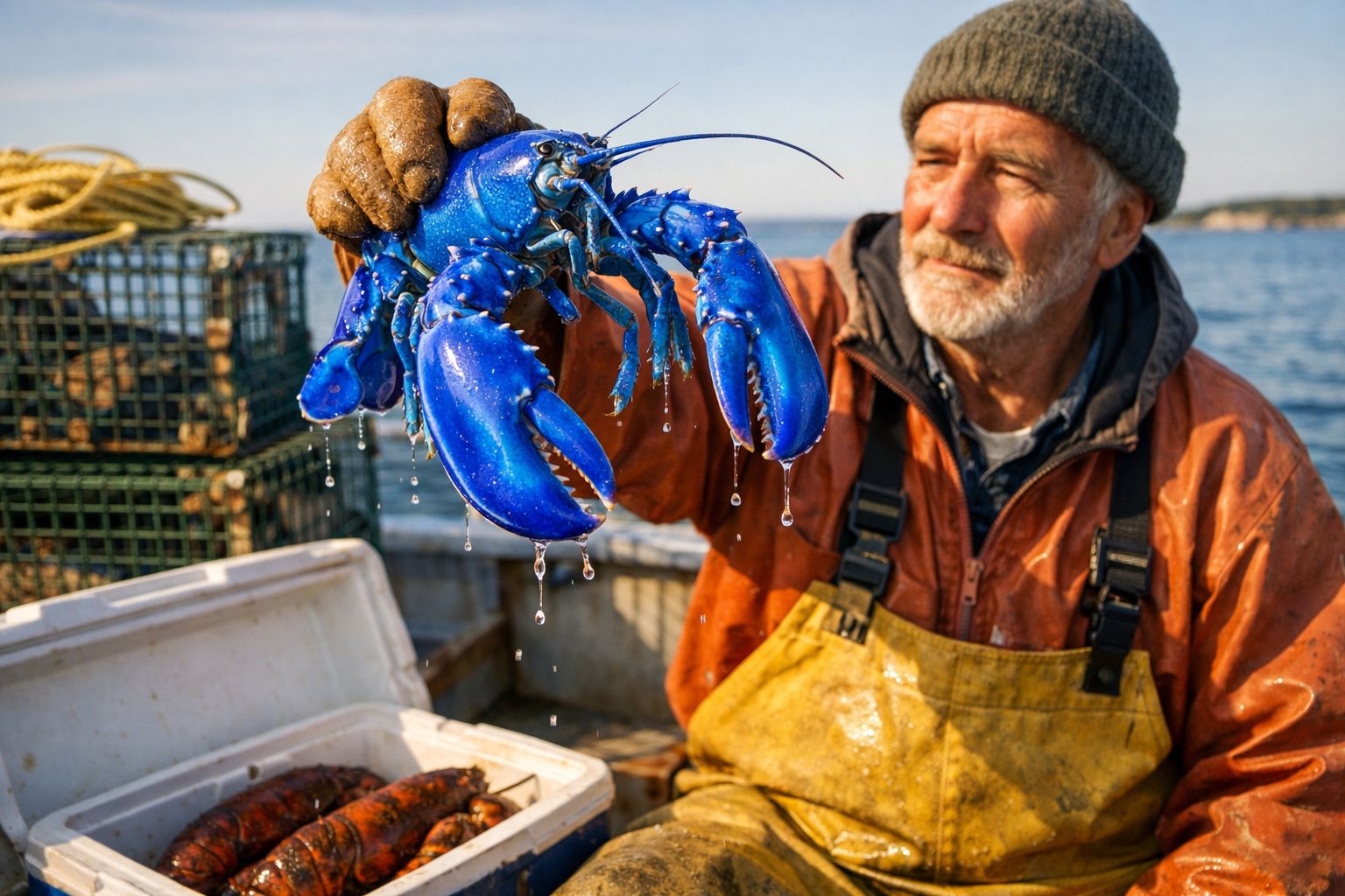 Pescar cu barbă care ține un homar albastru mare pe o barcă, cu oceanul în fundal.