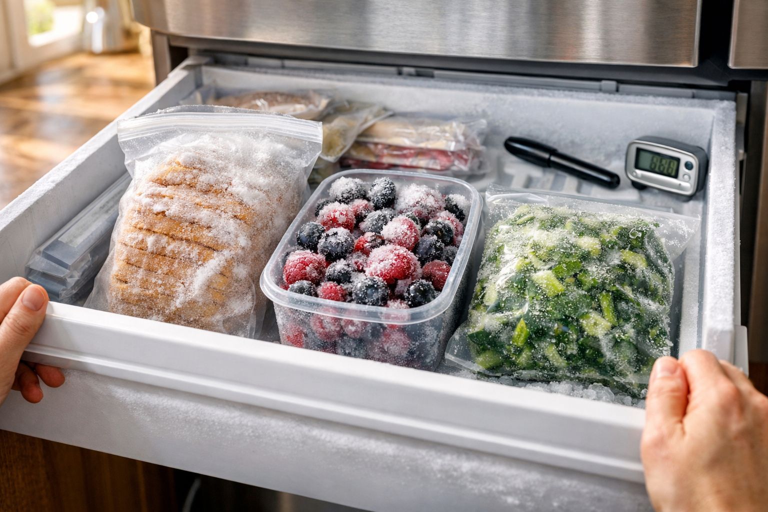 Raft de congelator cu pungi și caserole cu alimente înghețate: pâine, fructe și legume.
