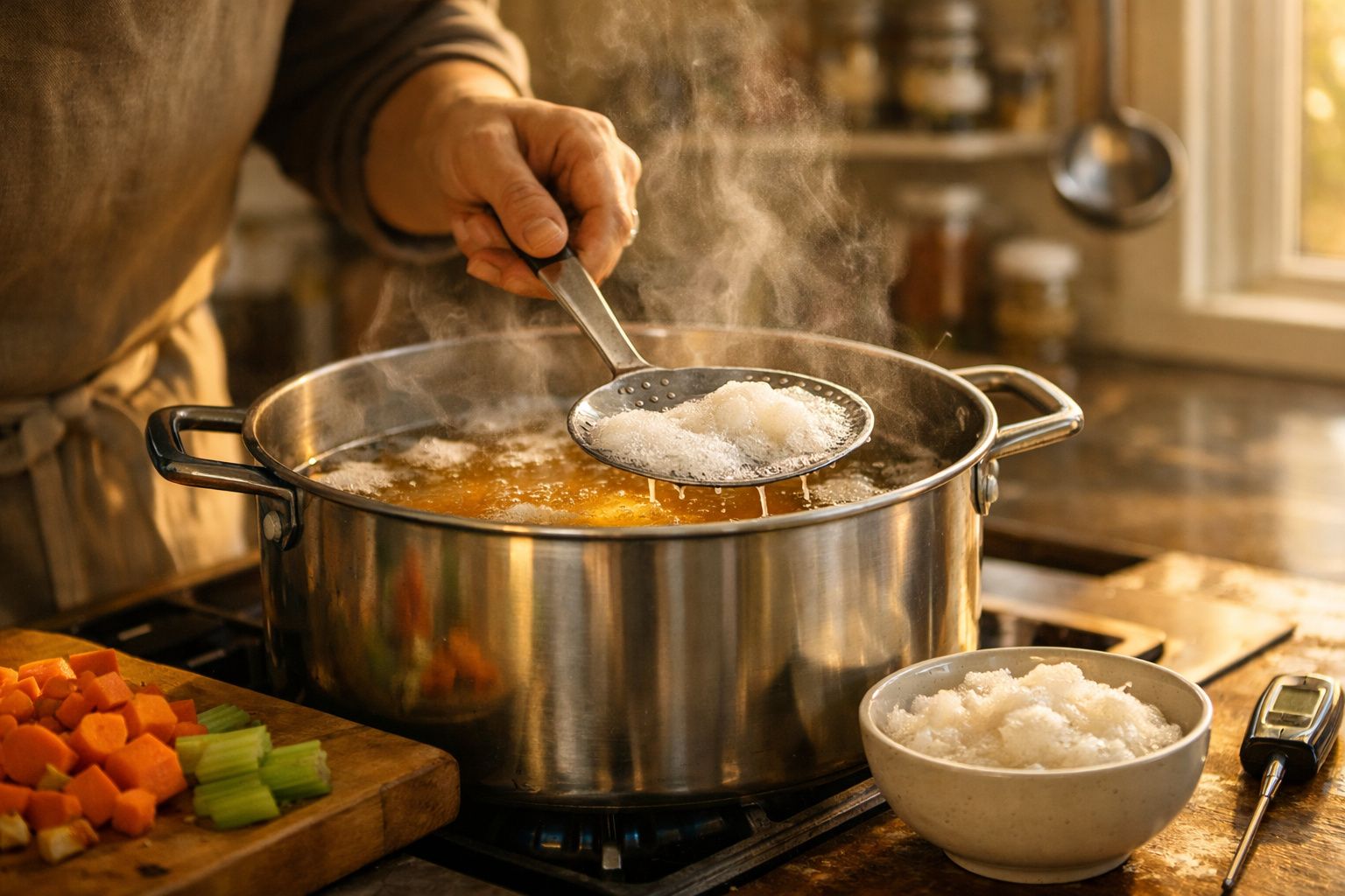 O mână adaugă sare într-o oală cu supă care fierbe în bucătărie, lângă legume tăiate.