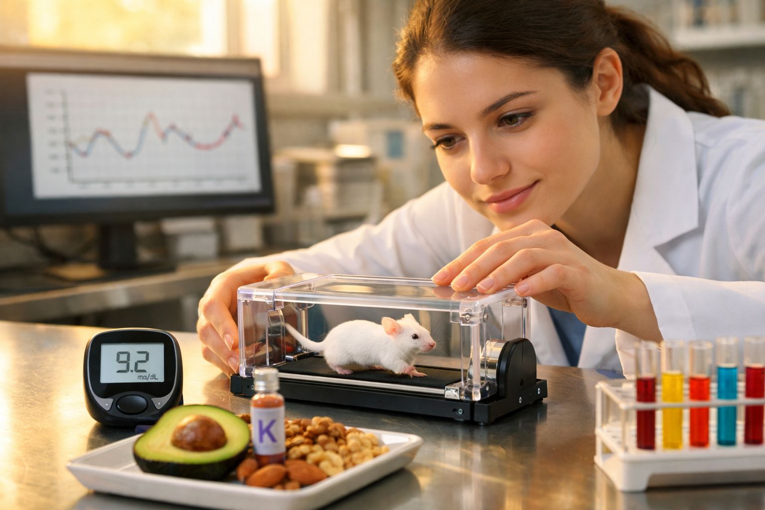 Cercetătoare observând un șoarece într-un transportor transparent, cu alimente și glicometru pe masa de laborator.