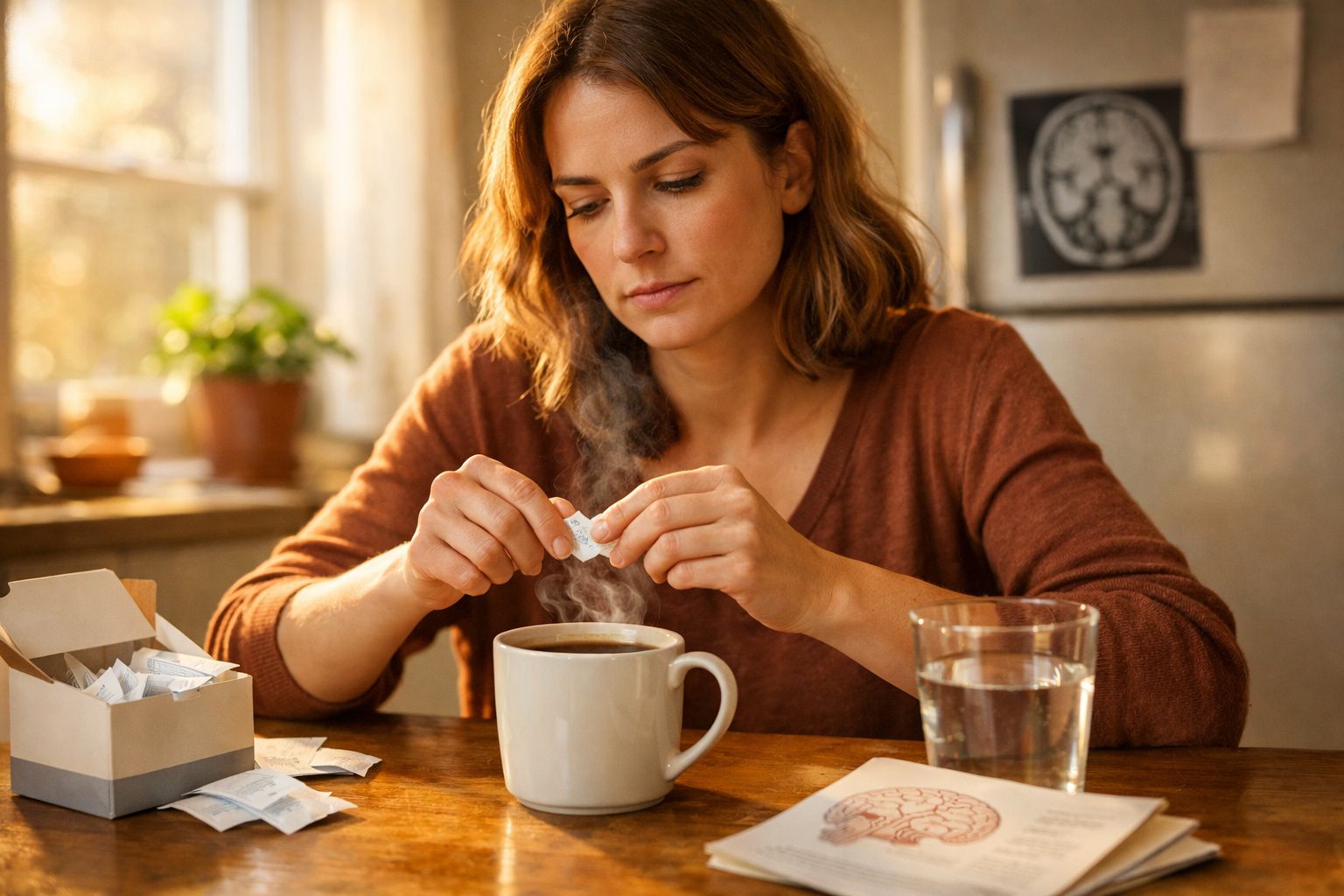 Femeie adăugând zahăr în ceașcă cu cafea aburindă, așezată la masă în bucătărie luminoasă.