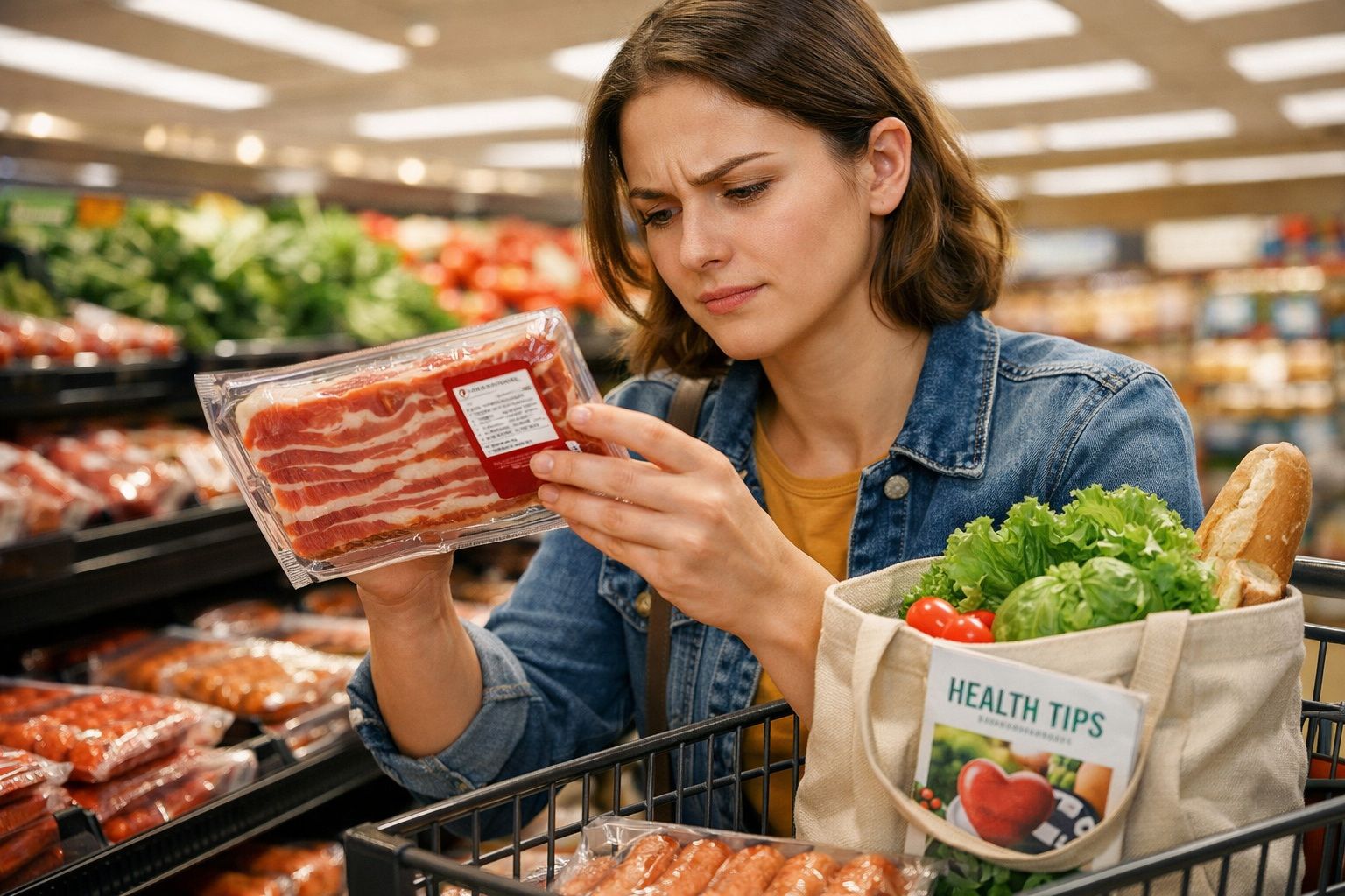 Femeie analizează eticheta cărnii ambalate în magazin, având un cărucior cu cumpărături cu legume și un ghid de sănătate.
