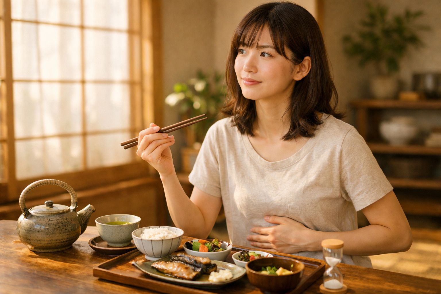 Femeie asiatica zâmbitoare mâncând with bețe, așezată la o masă cu mâncare tradițională japoneză.