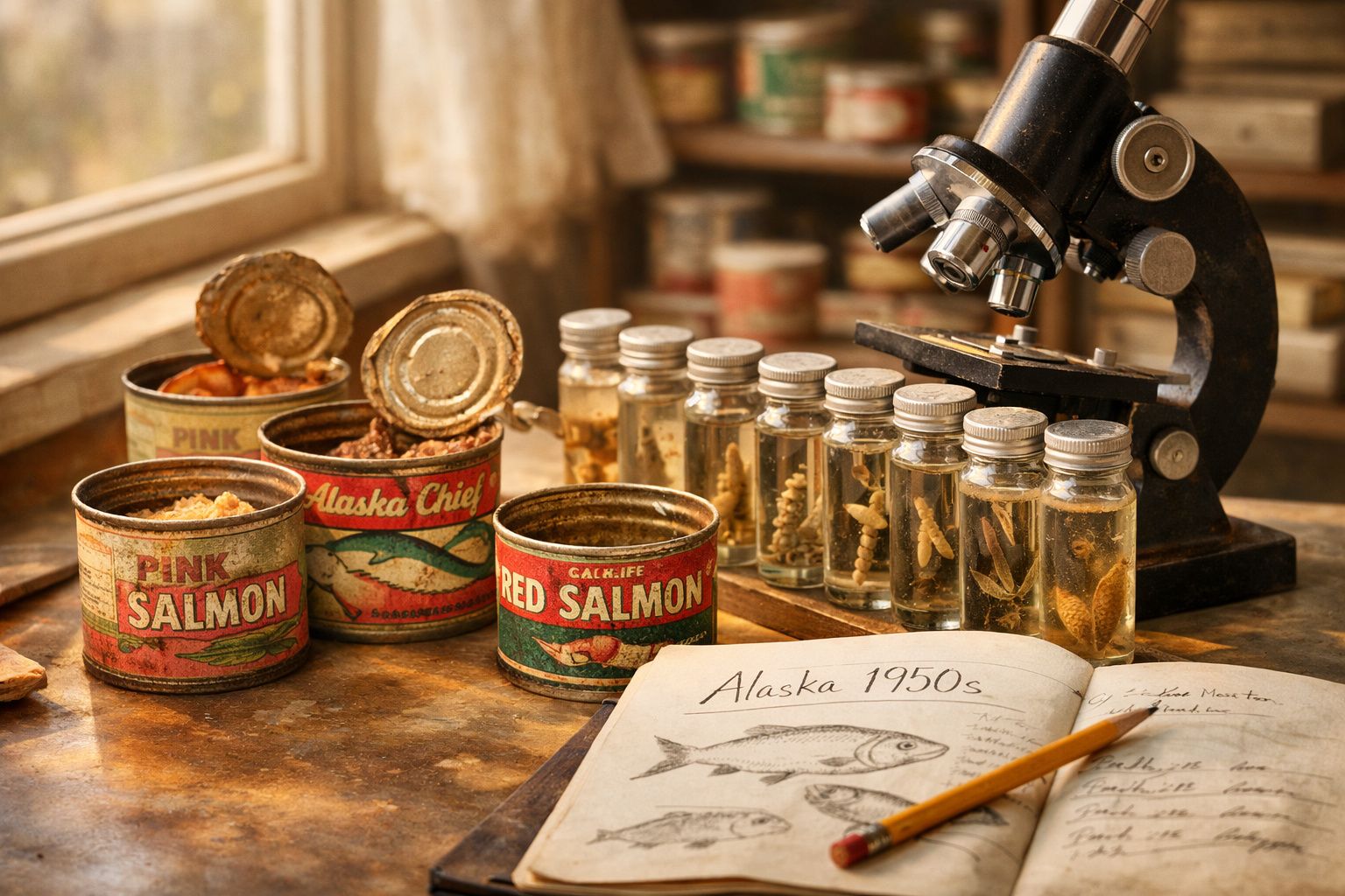 Cutii vechi de conserve cu somon, recipiente cu specimene și microscop pe o masă de laborator vintage.