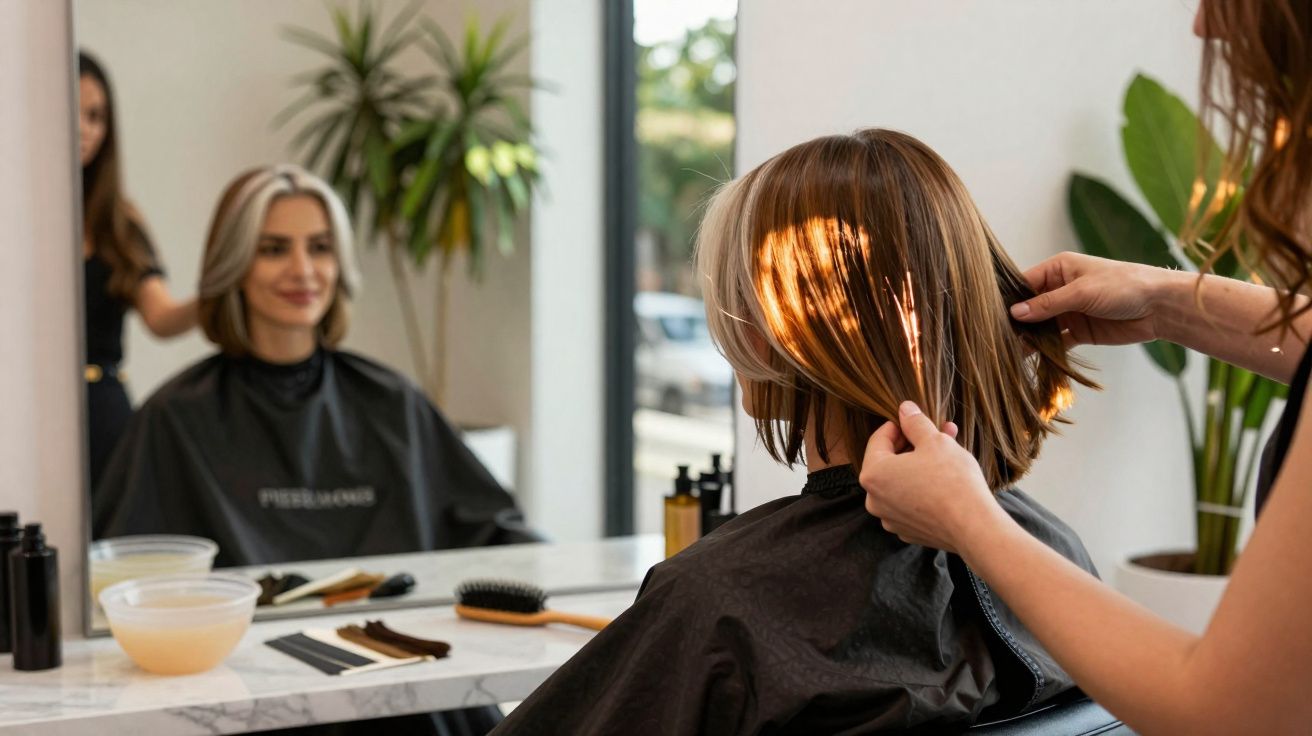 Femeie la salon, stilist verificând lungimea părului, reflexii de lumină pe părul blond.