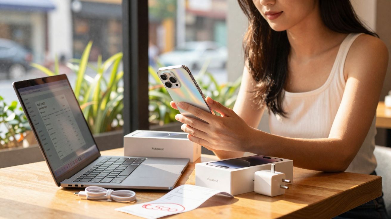 Femeie ținând un telefon nou, lângă laptop, cutii de telefon și încărcător pe masă lângă fereastră.
