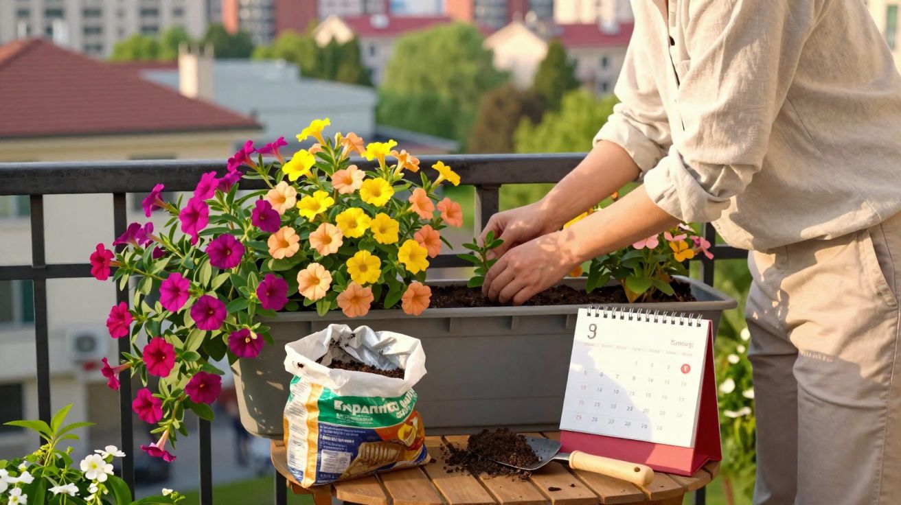 Persoană plantând flori colorate pe balcon, cu un calendar și pământ pe o masă de lemn.