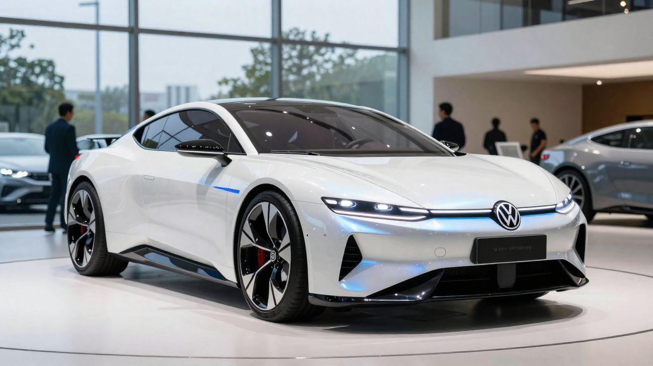 Mașină sport electrică Volkswagen albă expusă în showroom modern, cu design aerodinamic și faruri LED.