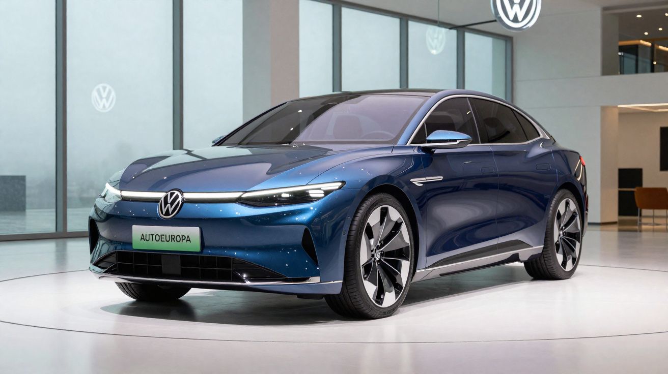 Mașină electrică albastră Volkswagen expusă într-un showroom modern cu podea albă și ferestre mari.