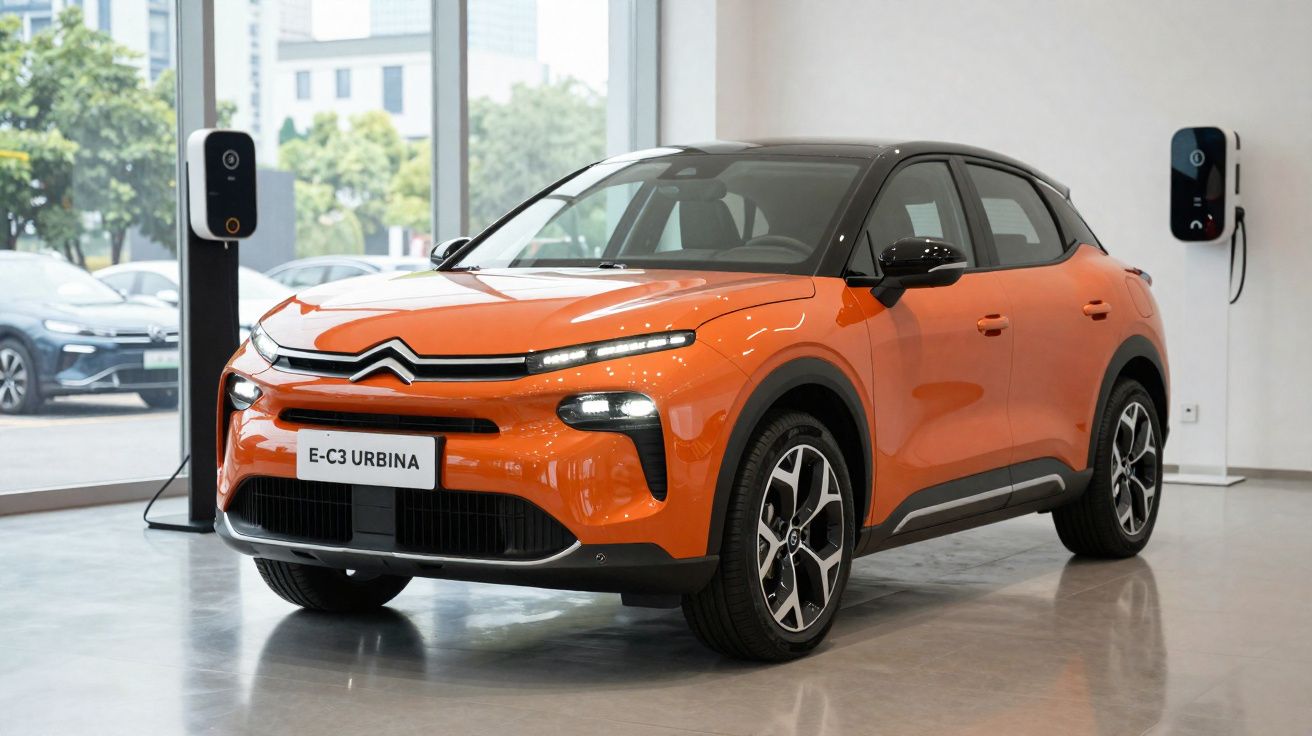 Mașină electrică Citroën E-C3 Urbina portocalie, parcată într-un showroom modern cu stații de încărcare.