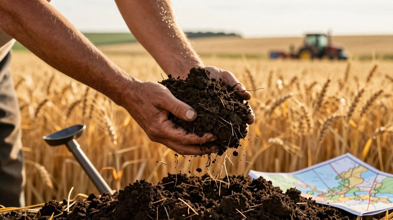Mâini care țin sol fertil lângă câmp de grâu, cu hărți și utilaj agricol în fundal.