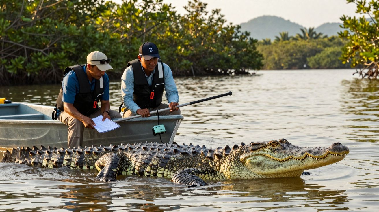 Doi bărbați într-o barcă mici, monitorizând un crocodil mare în apă, înconjurați de vegetație.