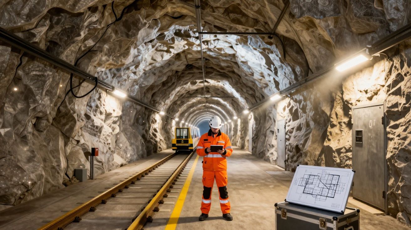 Inginer în combinezon portocaliu verificând planuri lângă șine de tren într-un tunel subteran iluminat.