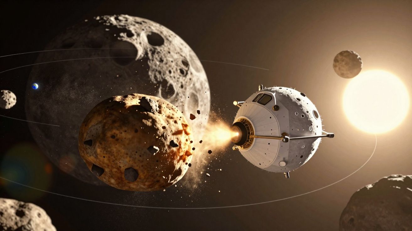 Navă spațială care evită coliziunea cu un asteroid în apropierea planetelor și a soarelui.