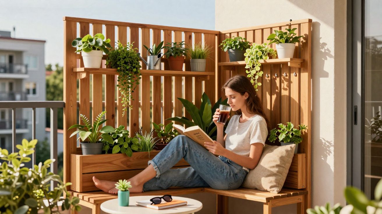 Femeie relaxându-se pe balcon cu plante, citind o carte și ținând un pahar cu băutură răcoritoare.