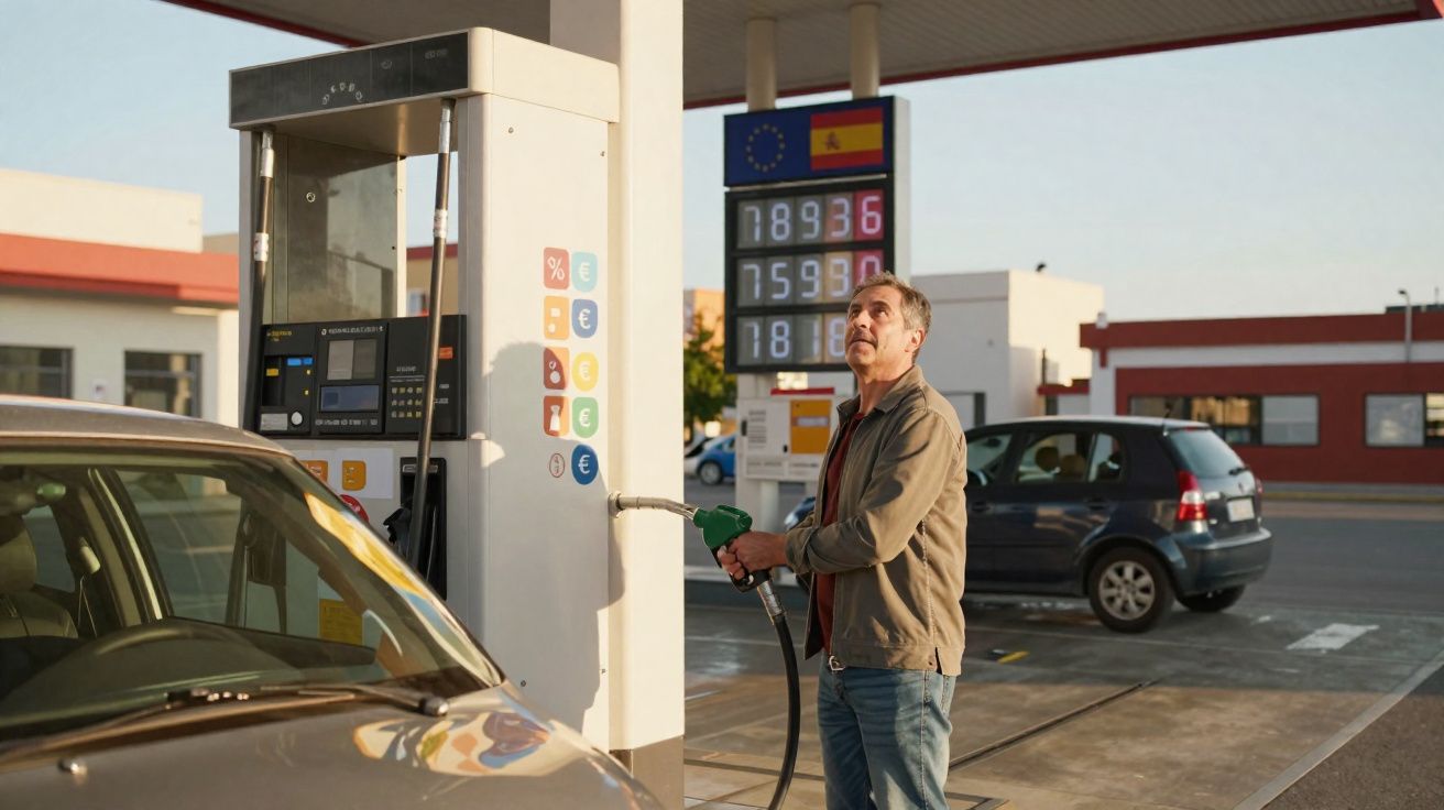 Bărbat umplând cu benzină mașina la o stație de carburanți în timpul zilei.