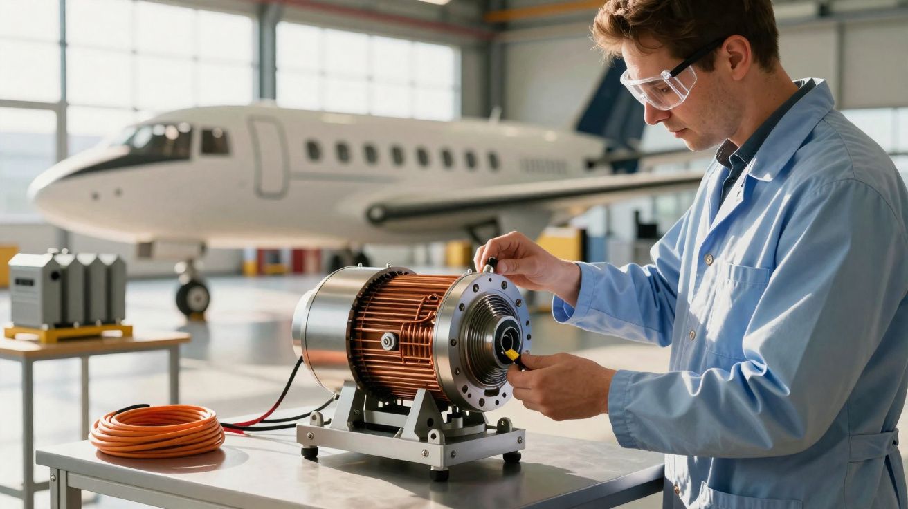Inginer cu ochelari de protecție inspectând un motor electric lângă un avion într-un hangar aerian.