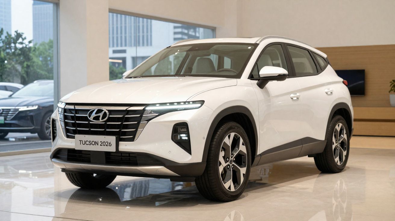 Hyundai Tucson 2026 alb expus într-un showroom modern, iluminat natural, vedere frontală laterală dreapta.